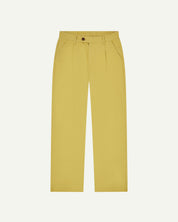 Front flat shot of #5018 Uskees men's organic mid-weight cotton boat trousers in yellow showing wide leg style