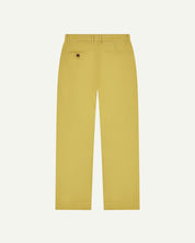 Back view of #5018 Uskees men's organic mid-weight cotton boat trousers in yellow showing wide leg style and buttoned back pocket