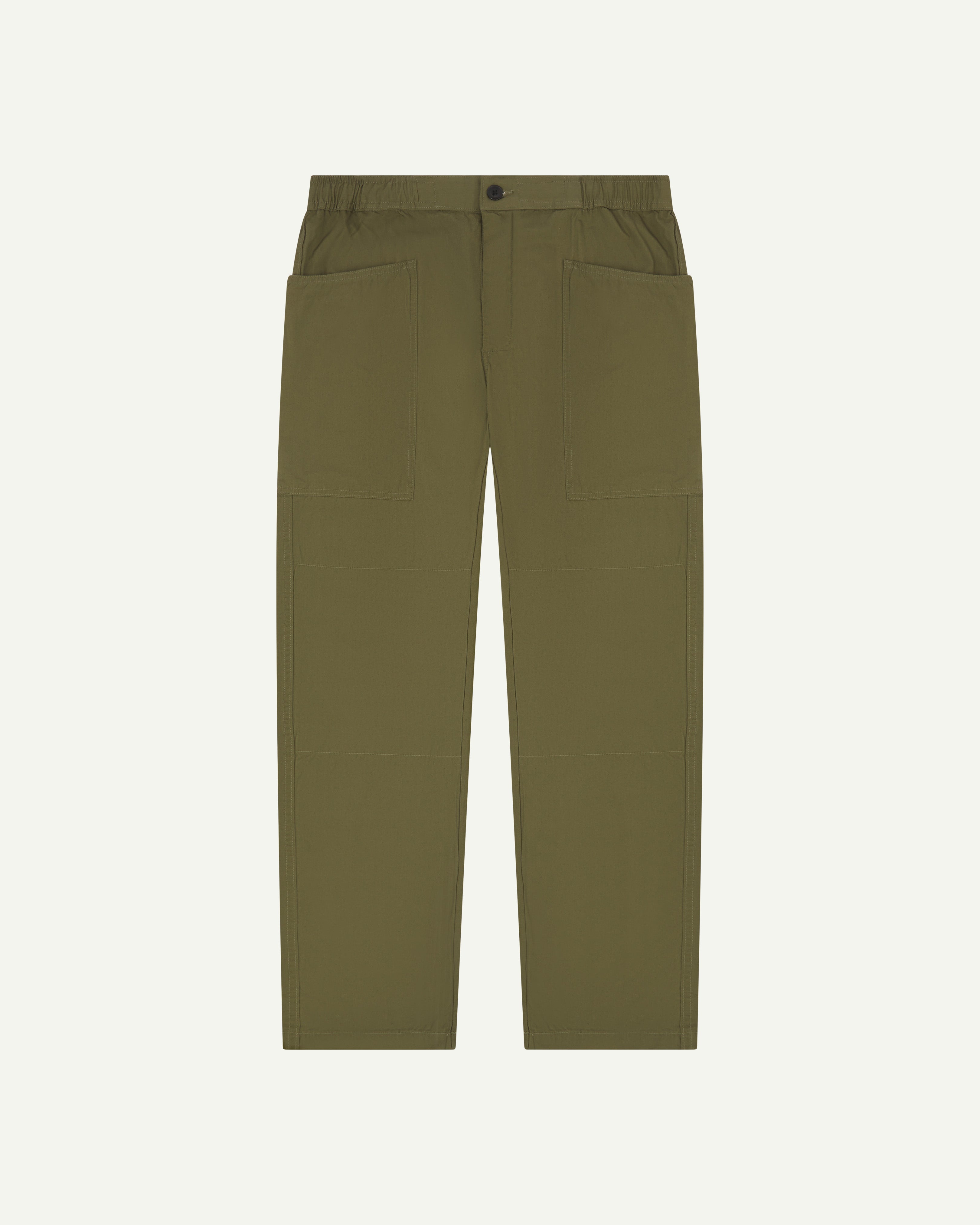 Front shot of #5011 Uskees men's organic 'olive-green' casual trousers. Clearly showing the elasticated waist and front pockets.