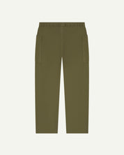 Full length back flat shot of olive green lightweight cotton 5011 trousers showing the relaxed, tapered fit on the leg.