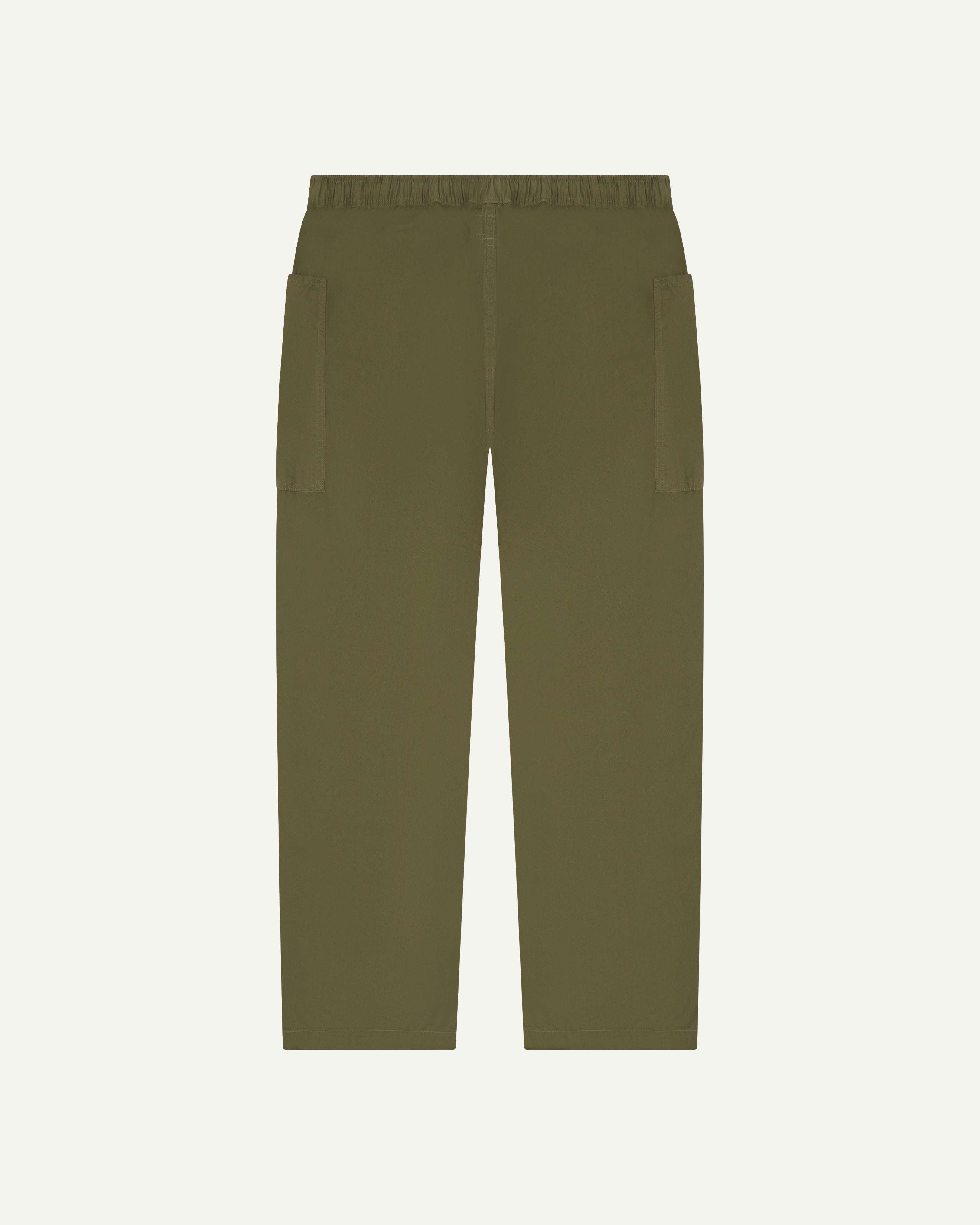 Full length back flat shot of olive green lightweight cotton 5011 trousers showing the relaxed, tapered fit on the leg.