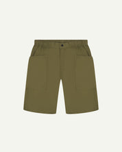 Front view of olive green organic cotton #5015 lightweight cotton shorts by Uskees. Clear view of lightweight elasticated waist and deep front pockets.