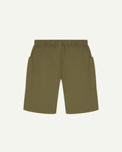 Back view of olive green organic cotton #5015 lightweight cotton shorts by Uskees. Clear view of lightweight elasticated waist .