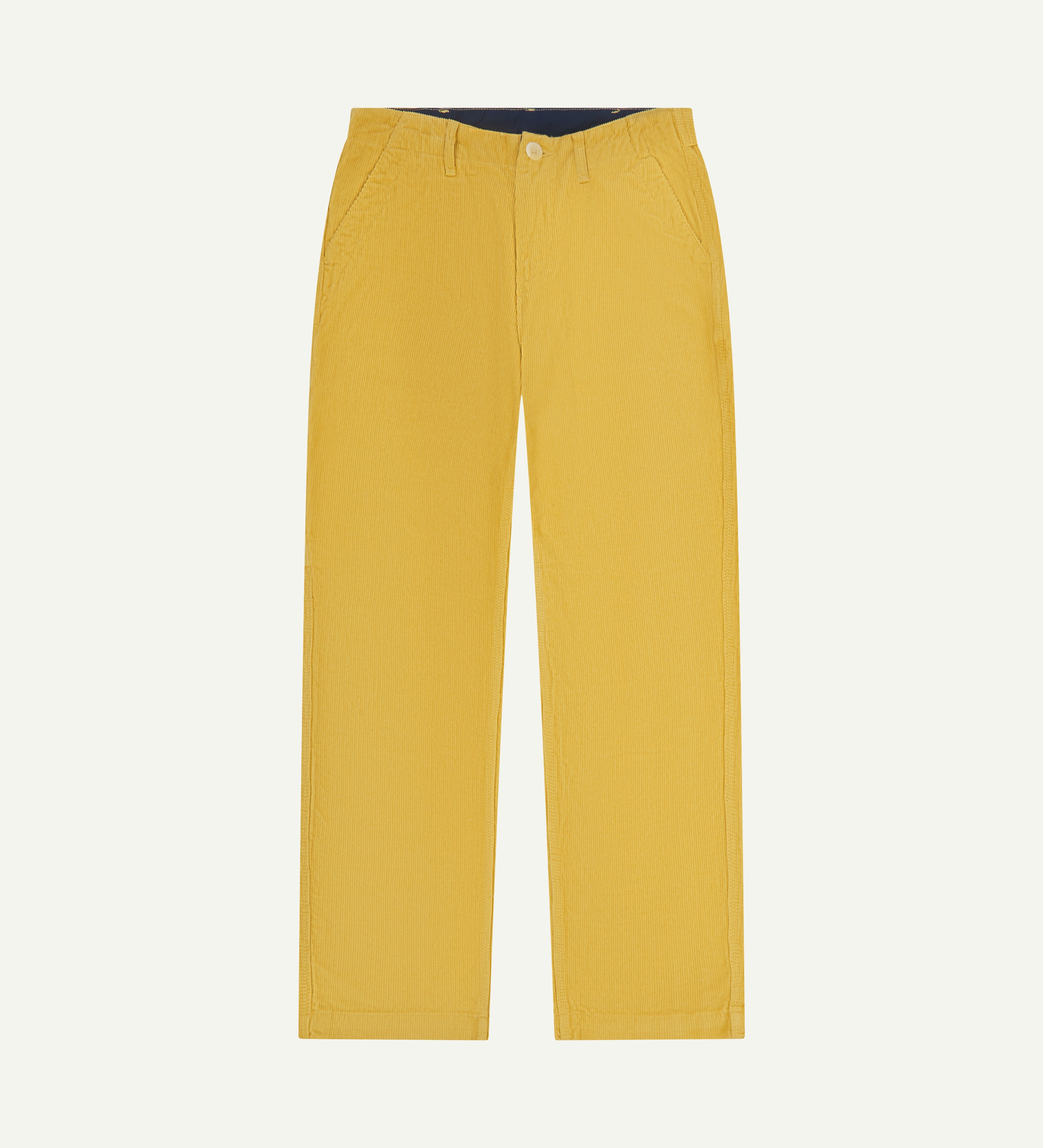 Uskees #5012 men's organic cord 'citronella-yellow' casual trousers with a view of adjustable waistband with corozo button detailing.
