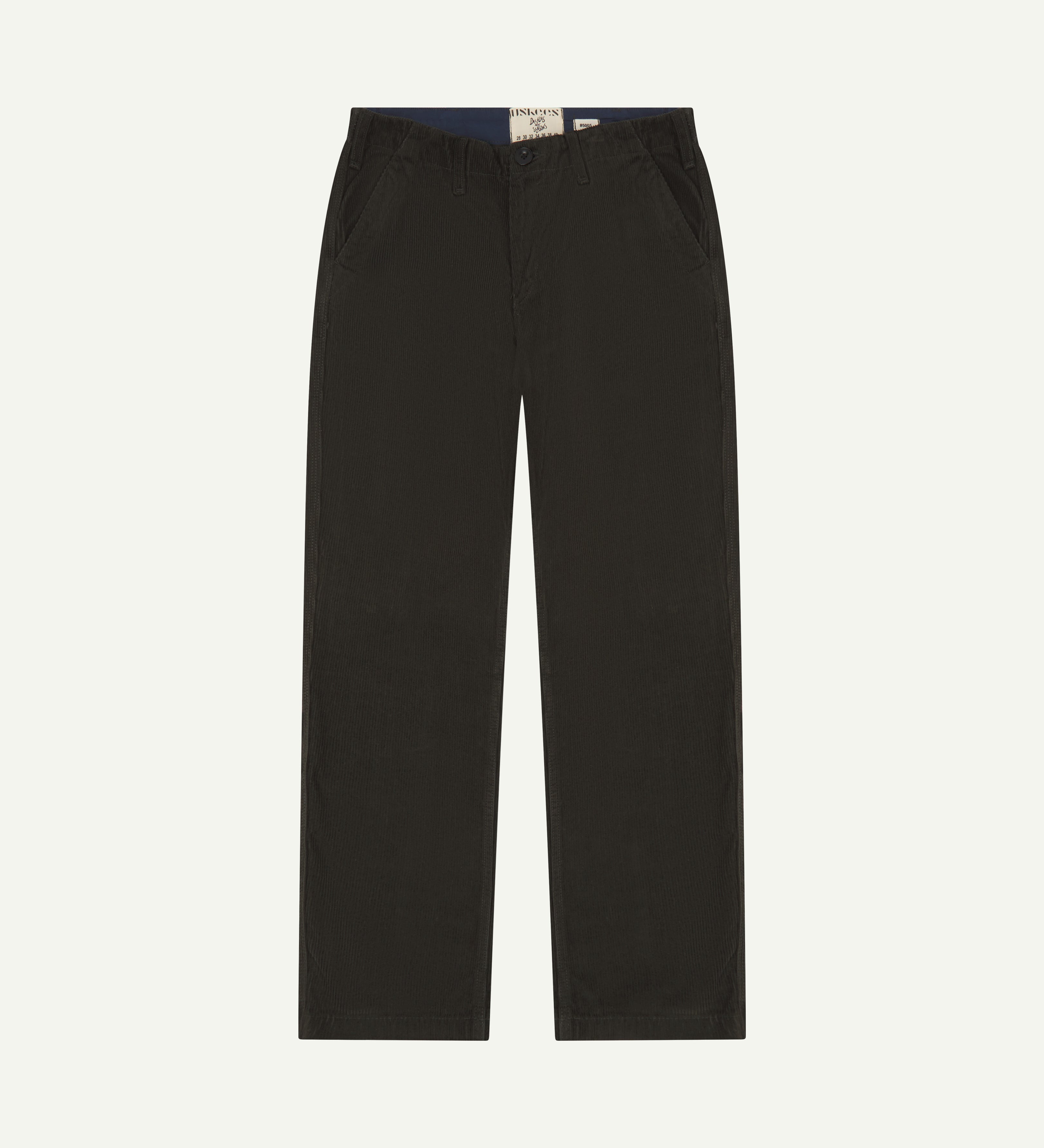 Front flat shot of #5005 Uskees men's organic cord 'faded black' casual trousers.