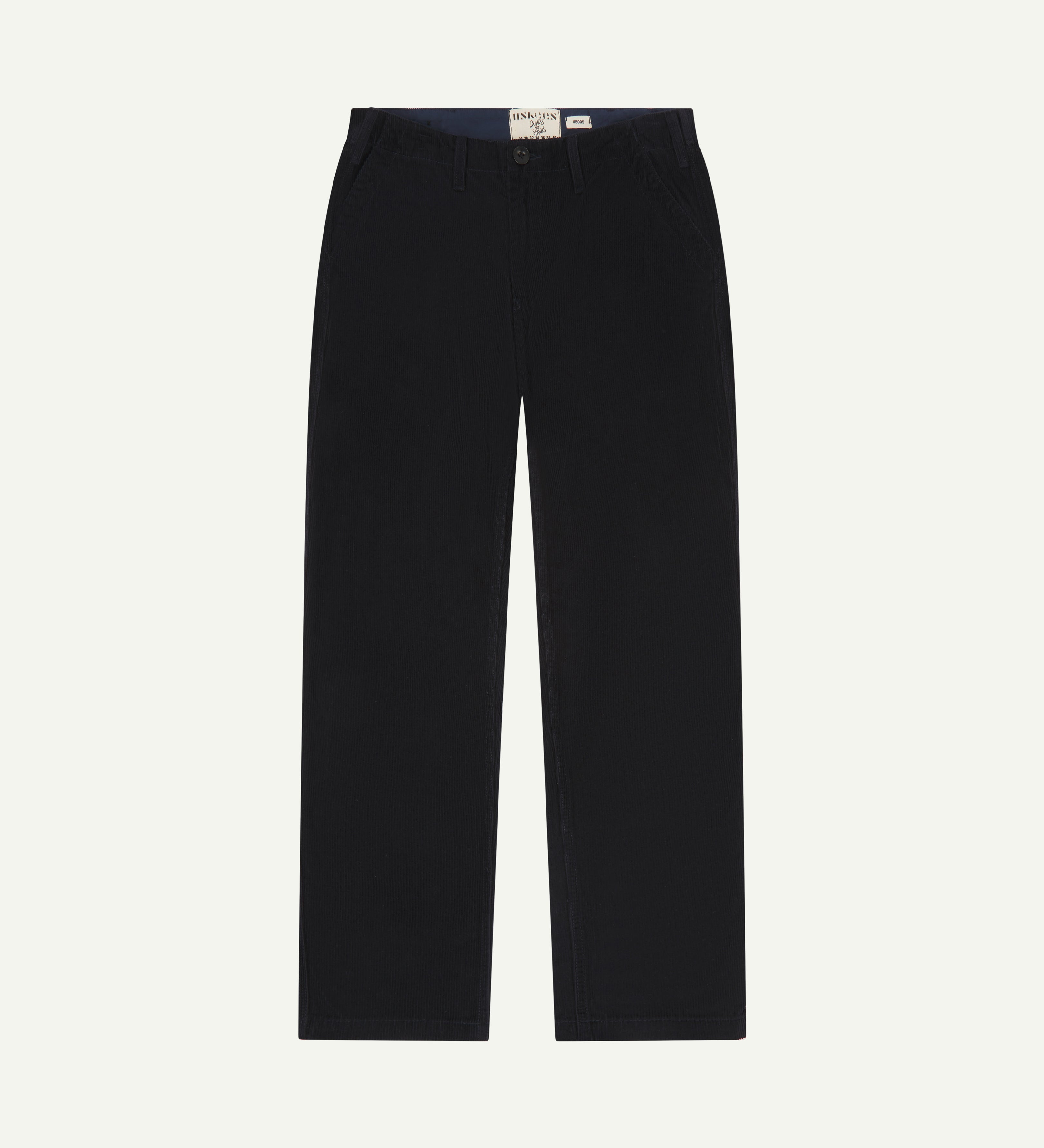 Front flat shot of #5005 Uskees men's organic cord 'midnight blue' casual trousers.