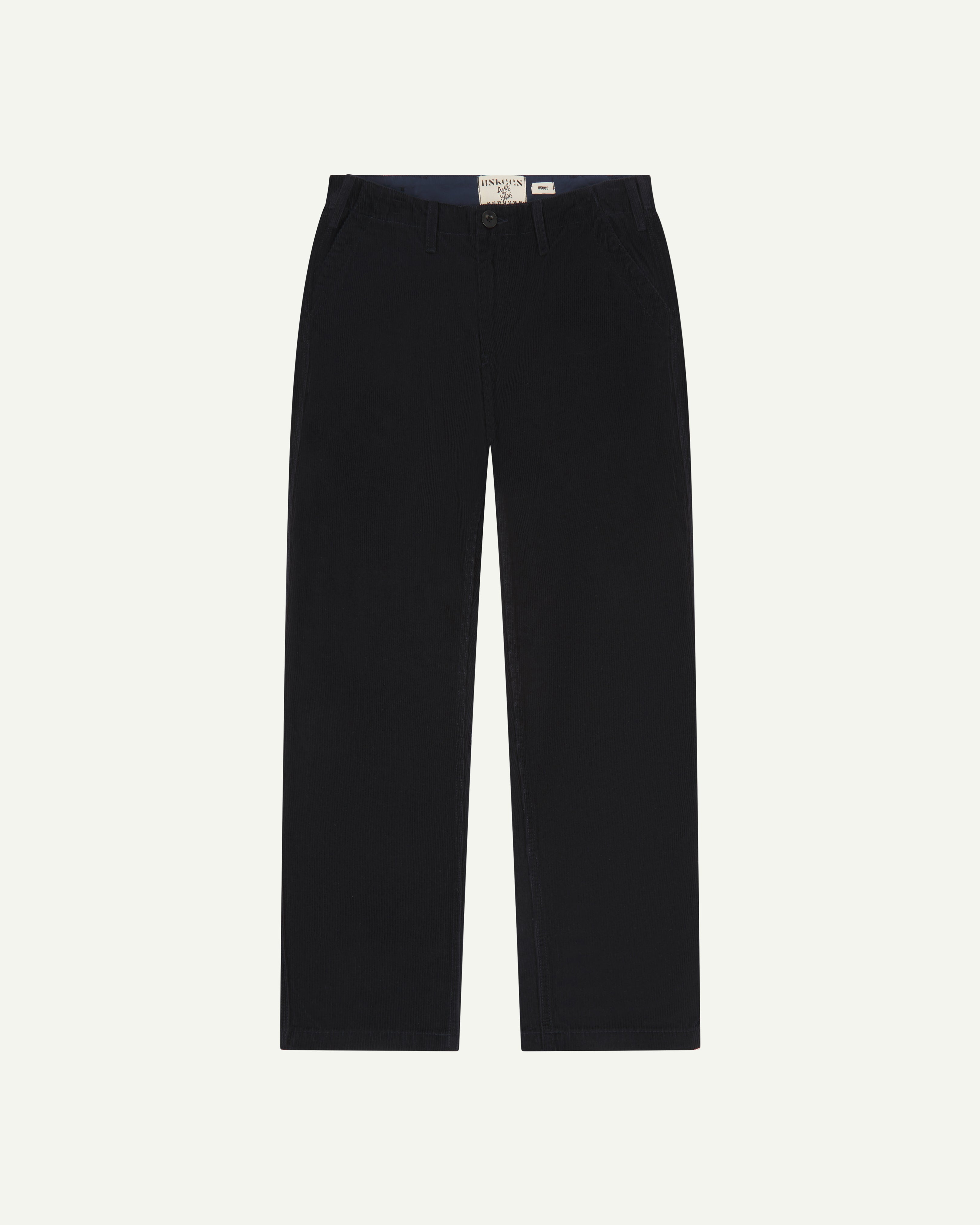 Front flat shot of #5005 Uskees men's organic cord 'midnight blue' casual trousers.