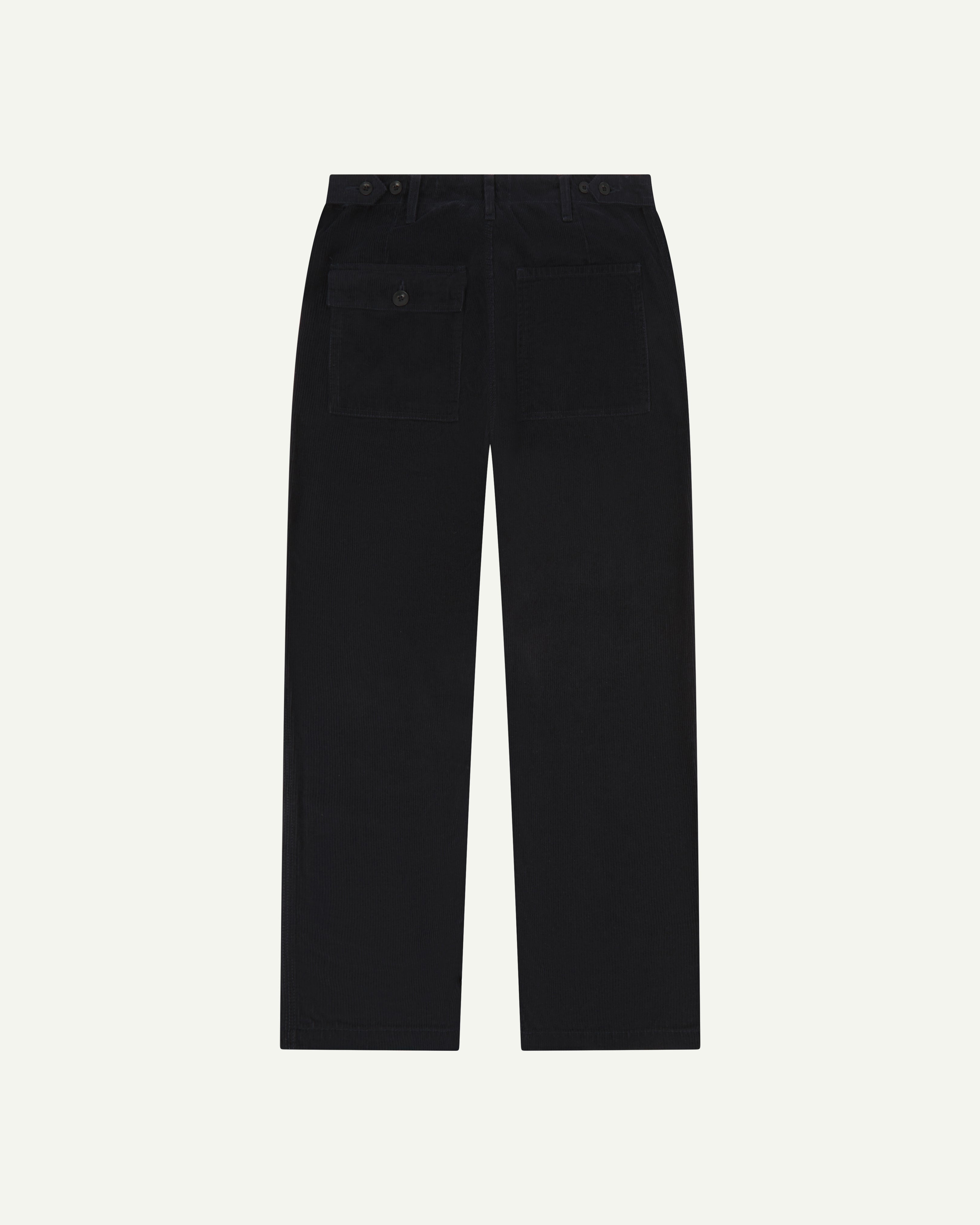 Back flat shot of #5005 Uskees men's organic cord 'midnight blue' casual trousers.