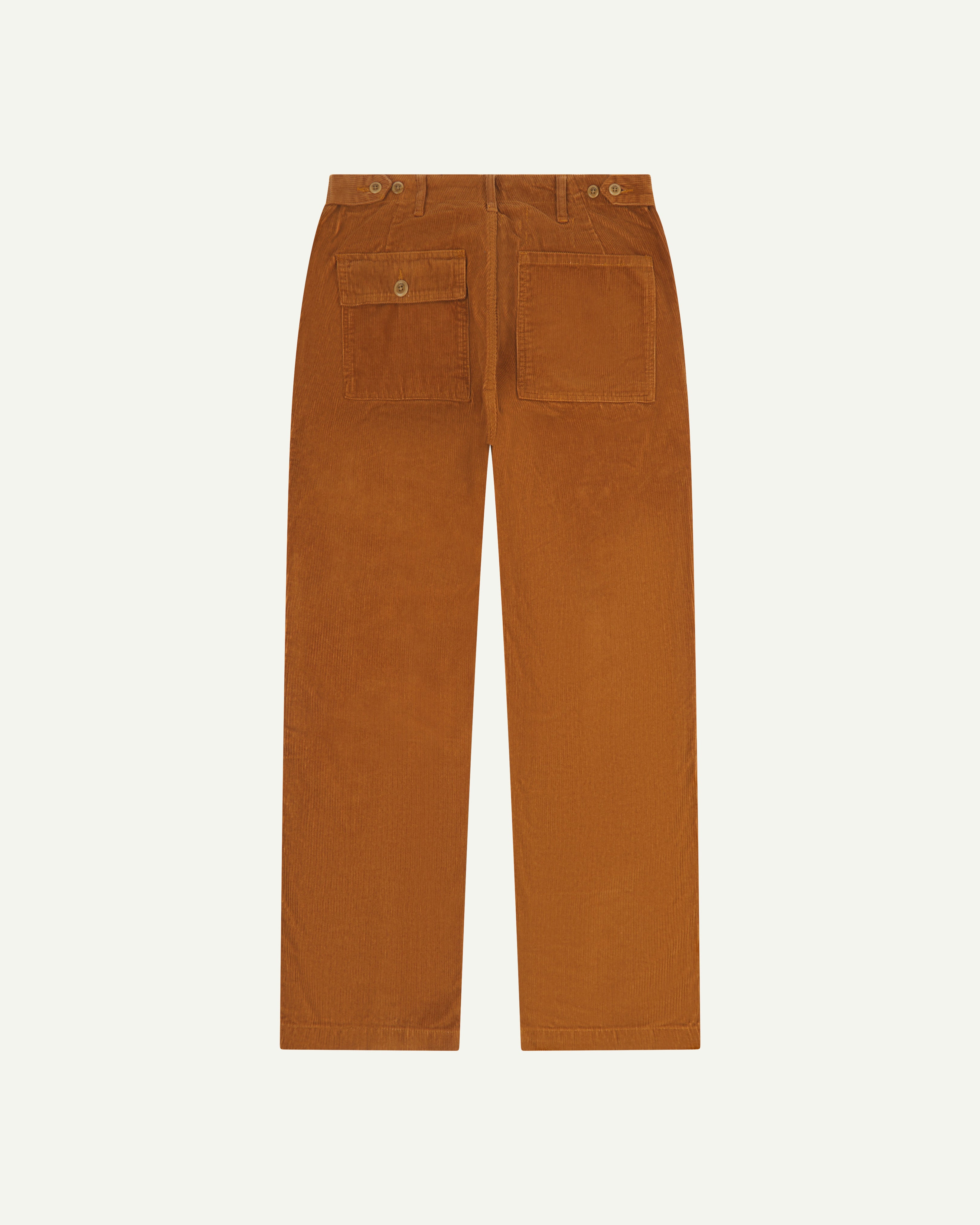 Back flat shot of #5005 Uskees men's organic cord 'tan' casual trousers.