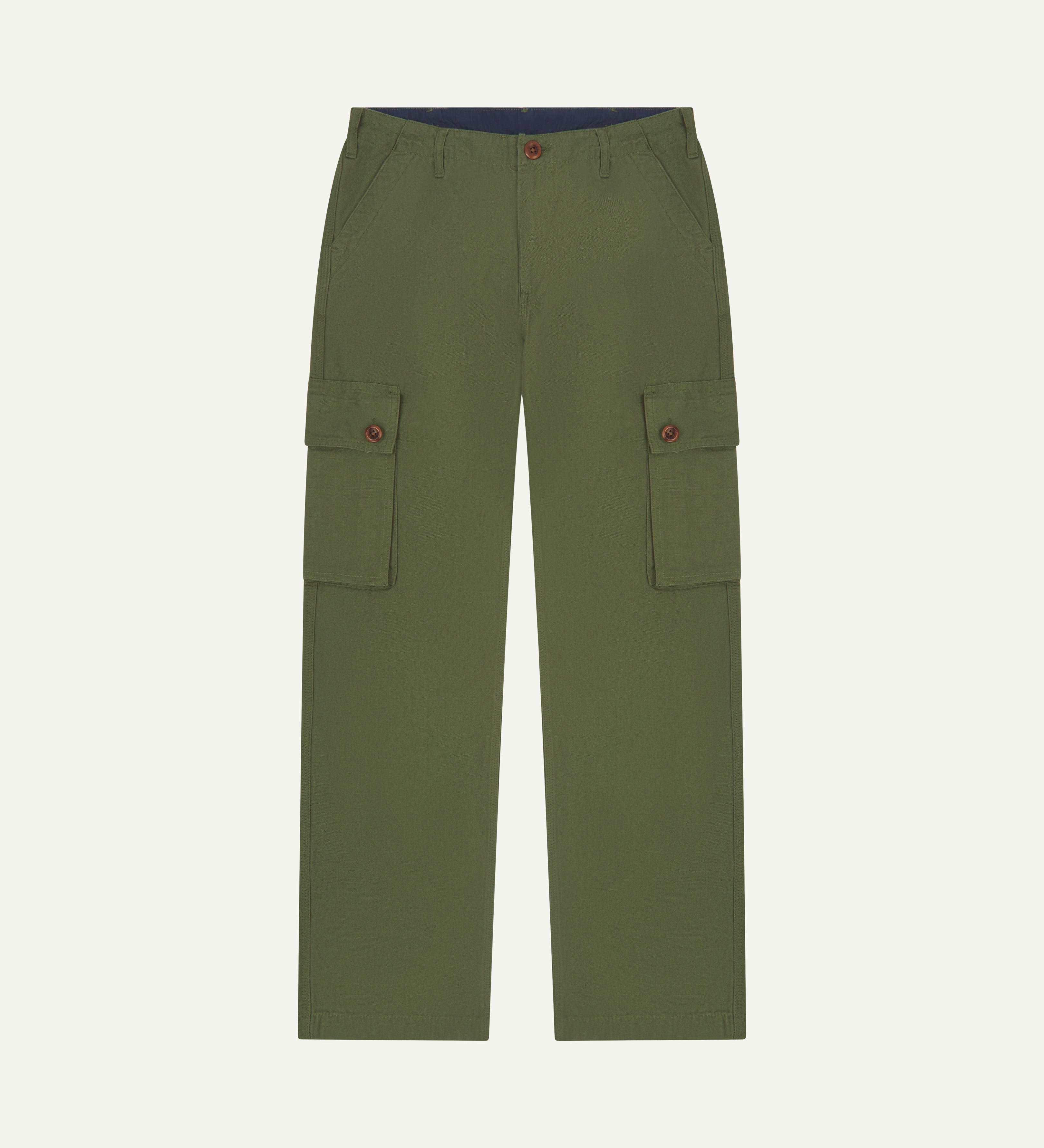 Flat front shot of #5014 Uskees men's organic cotton 'coriander-green' cargo trousers with view of adjustable waistband and pockets.