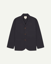 Front view of midnight blue blazer with 3 patch pockets from Uskees.