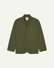 Front view of coriander-green organic cotton blazer with 3 patch pockets from Uskees