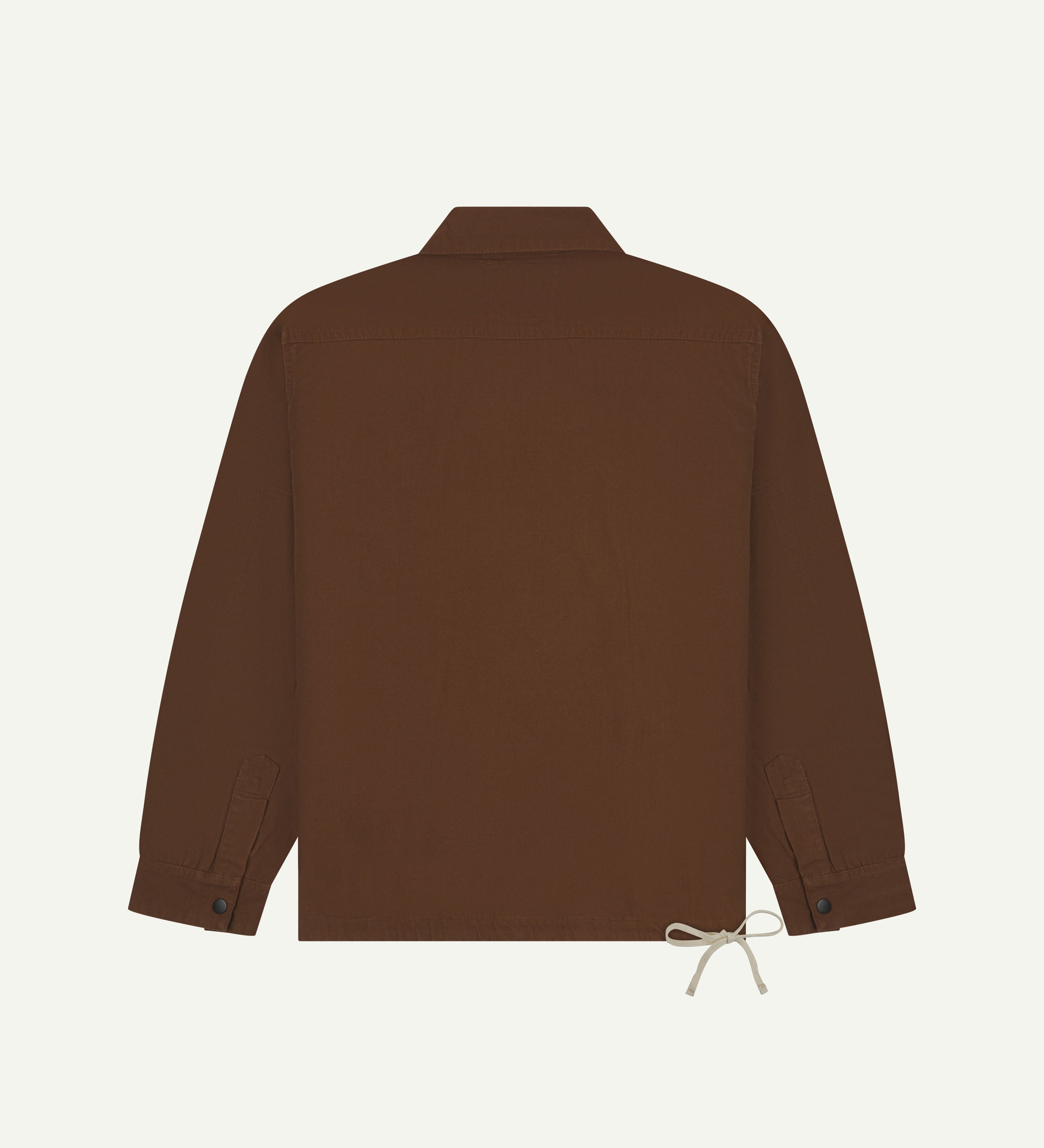 Back flat view of Uskees chocolate-brown organic cotton coach jacket.