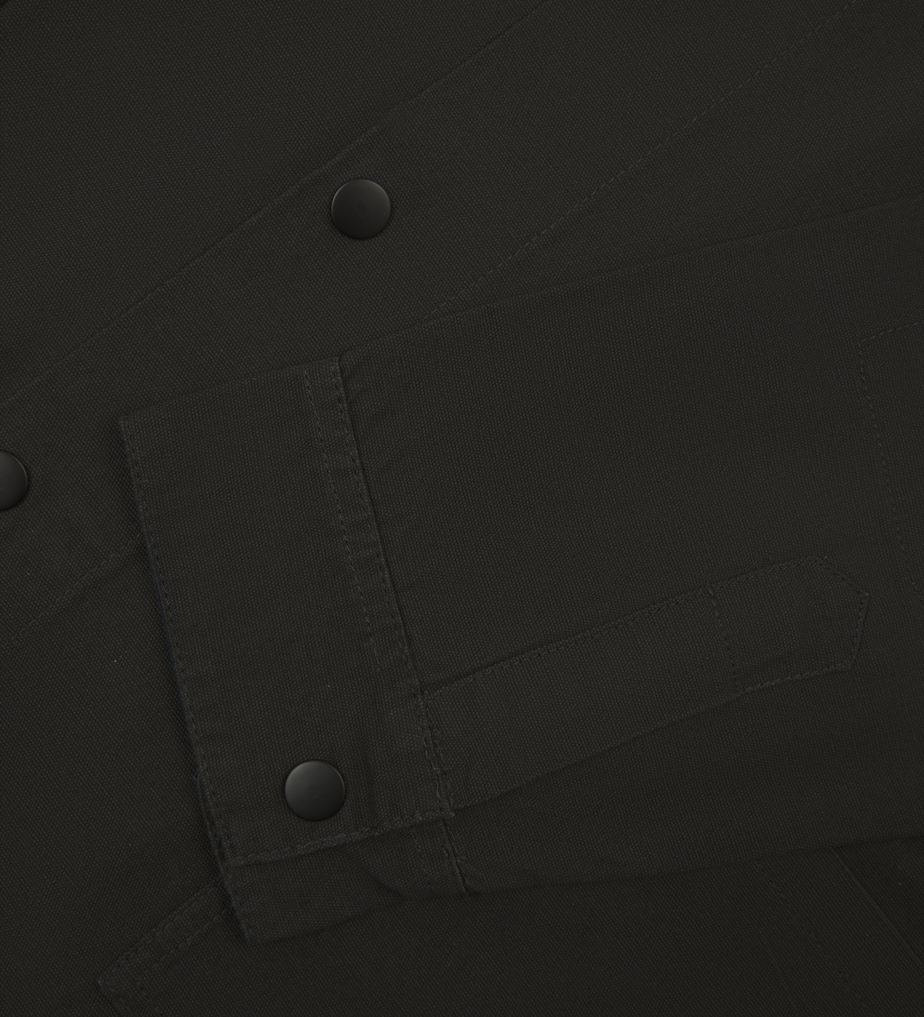Close-up view of jacket popper fastening and matching cuff popper fastening of charcoal coloured Uskees coach jacket.