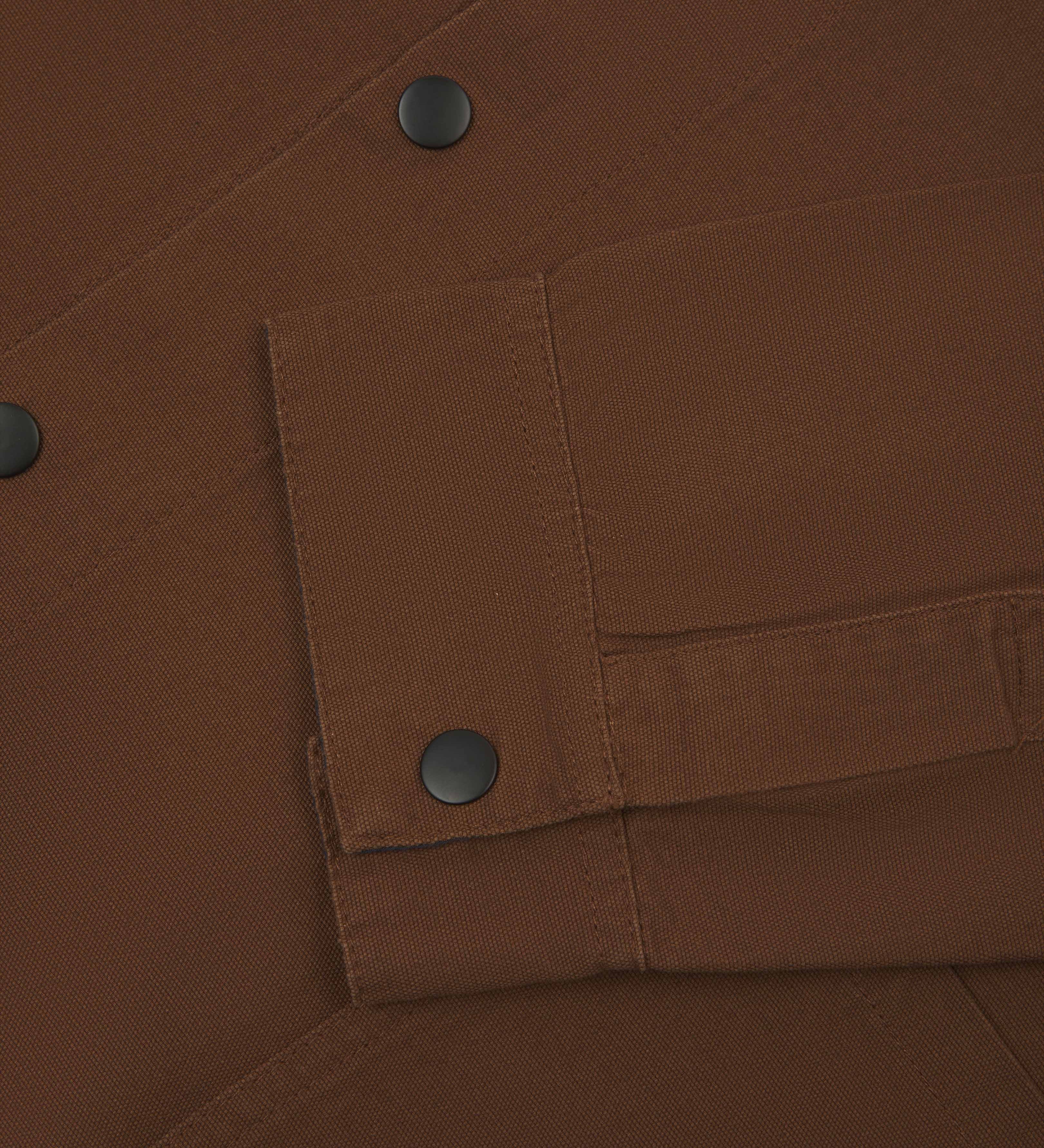 Close-up view of jacket popper fastening and matching cuff popper fastening of chocolate coloured Uskees coach jacket.