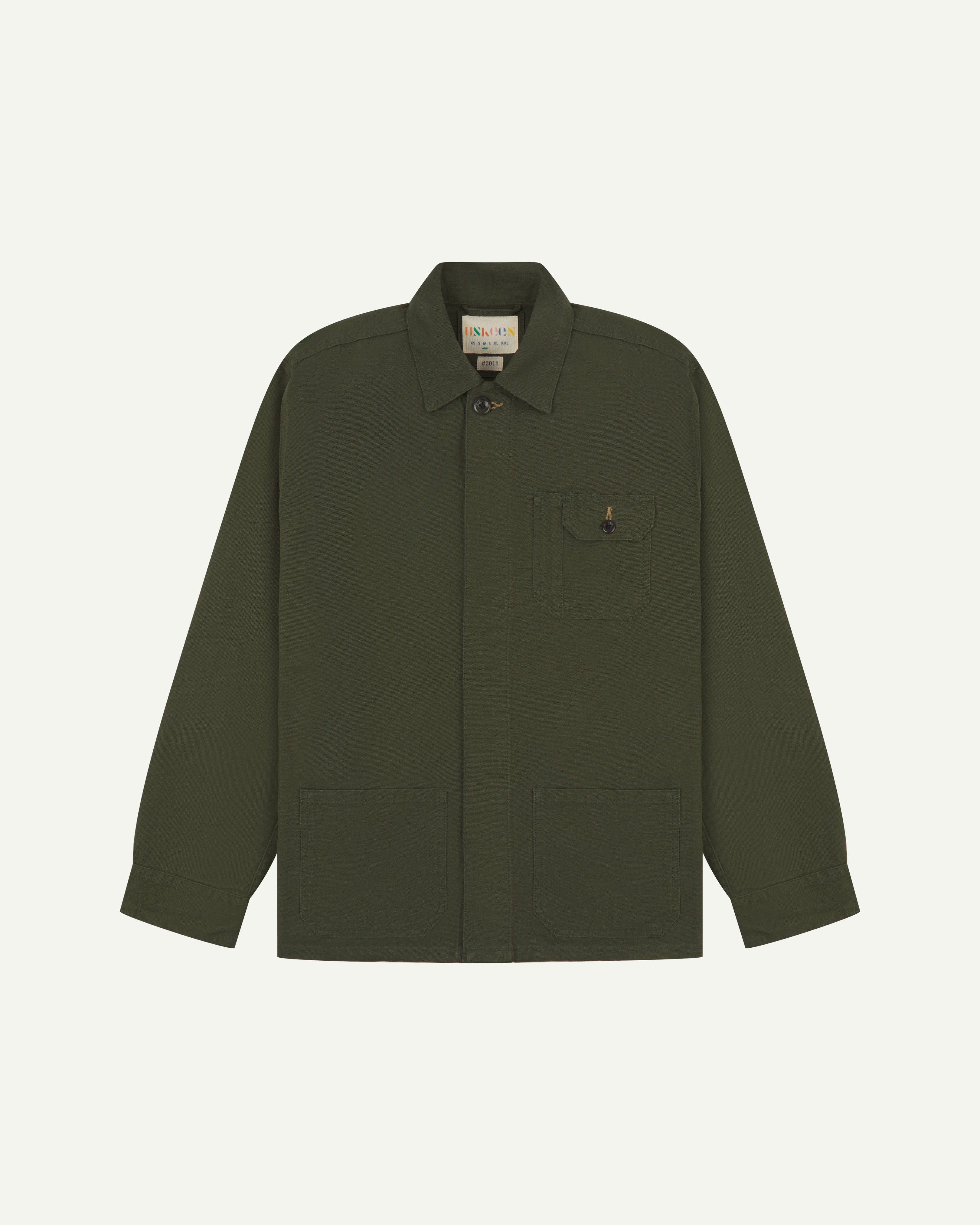 Full-length front view of vine green #3011 overshirt by Uskees,  demonstrating simple, boxy silhouette and hidden buttons.