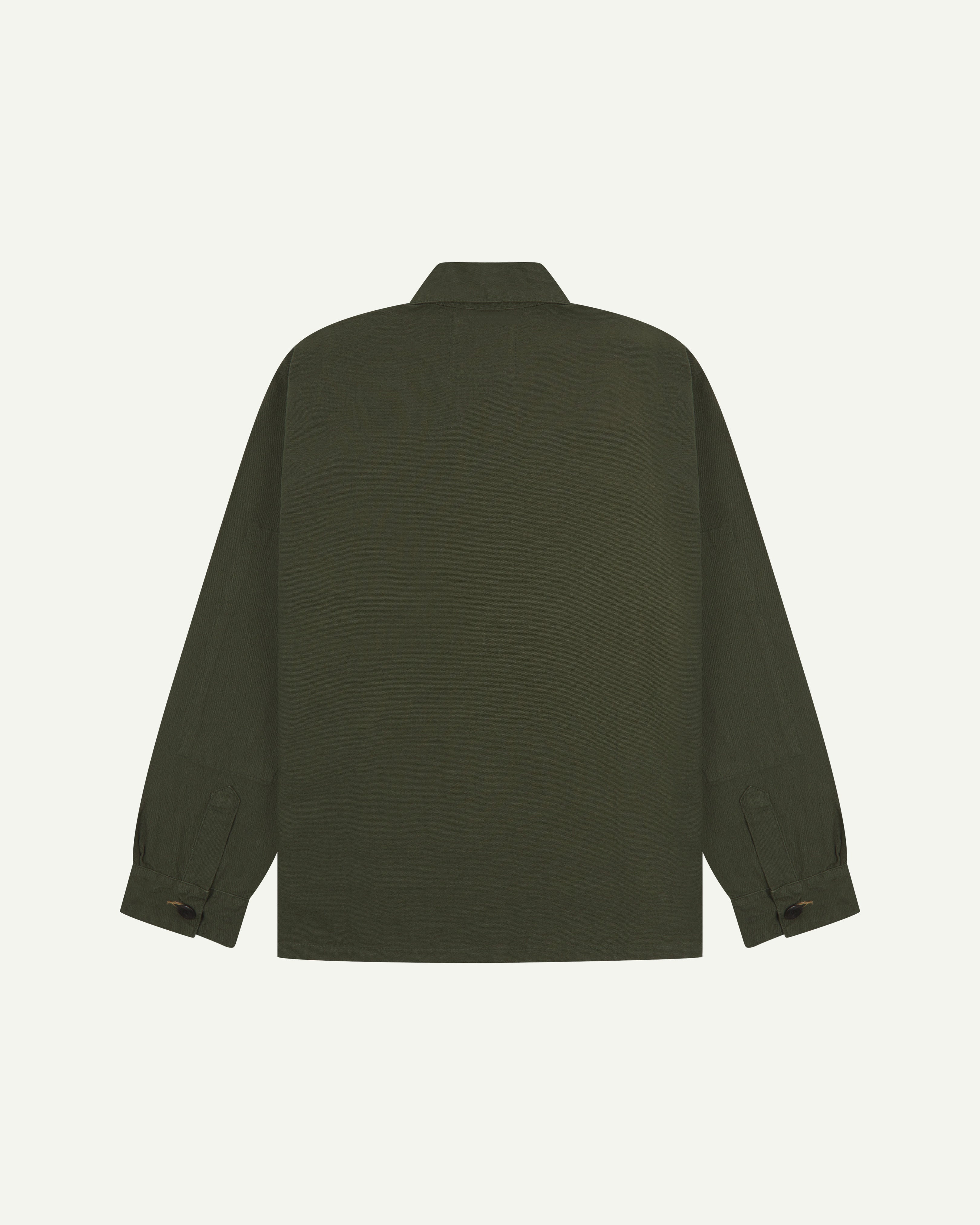 Flat back view of vine green #3011 overshirt for men by Uskees