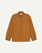 front flat shot of light brown uskees lightweight shirt with popper front fastening