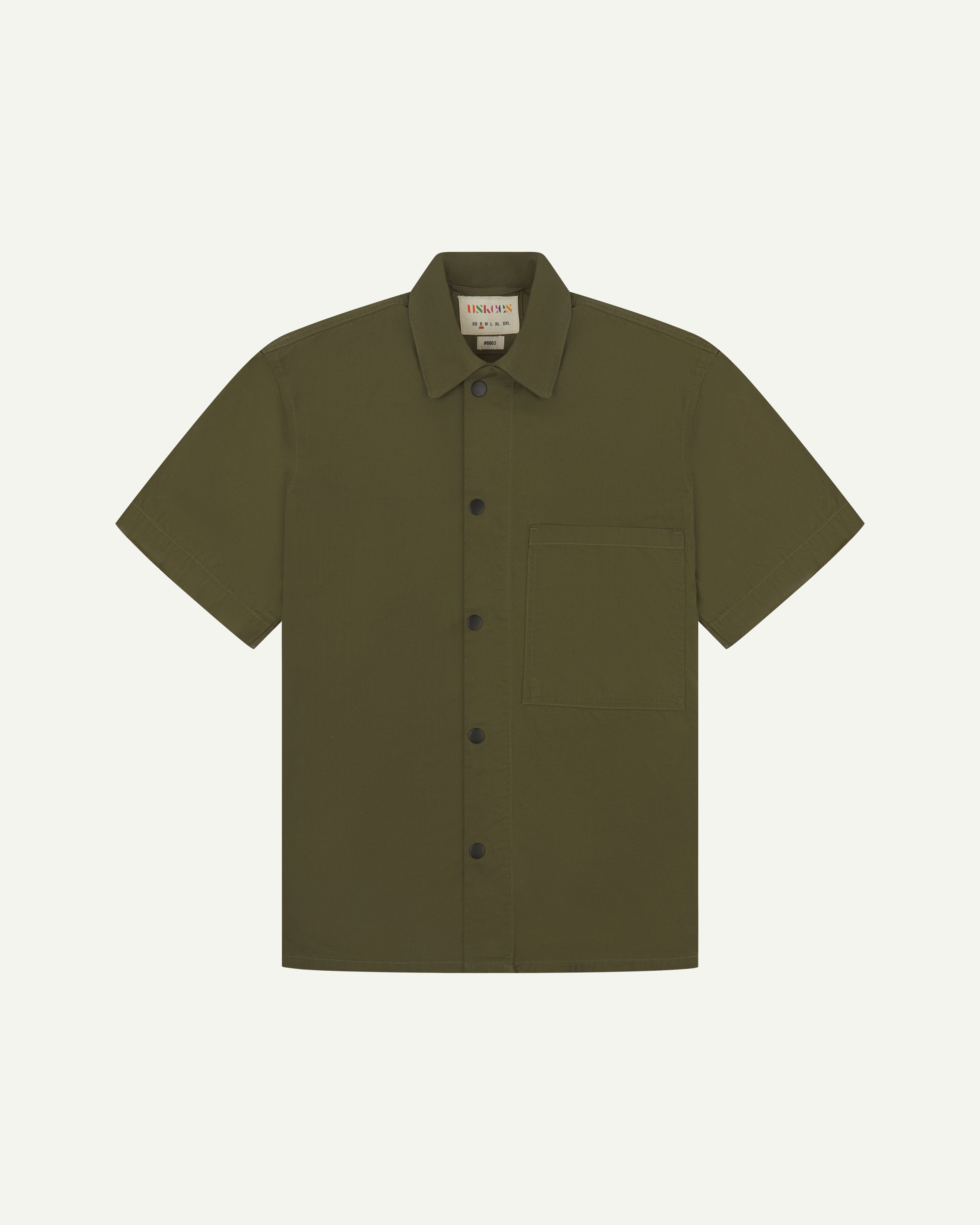  front flat shot of uskees olive green men's short sleeve shirt with short sleeves showing black popper fastenings
