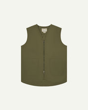 Moss buttoned organic cotton-drill vest from Uskees showing clear view of curved patch pockets and branding label.
