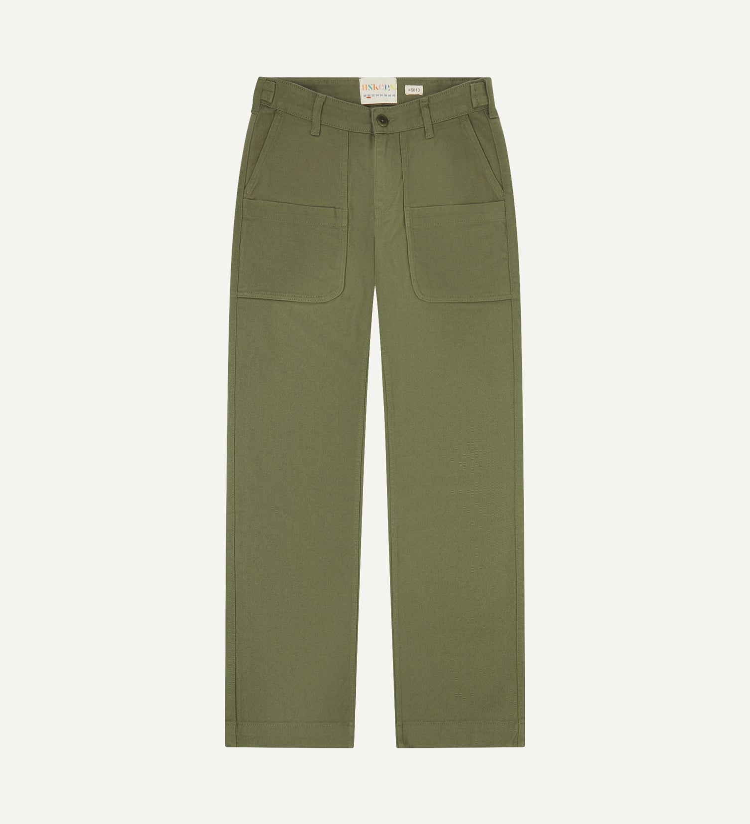 Flat shot of uskees moss drill trousers for men showing label at waistband