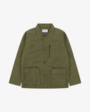 Front flat shot of green men's utility jacket with zippers and pockets on a white background
