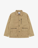 Beige utility acket with black poppers and zipped pockets on a white background