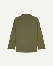 Back flat shot of moss-green buttoned organic cotton-drill overshirt from Uskees.