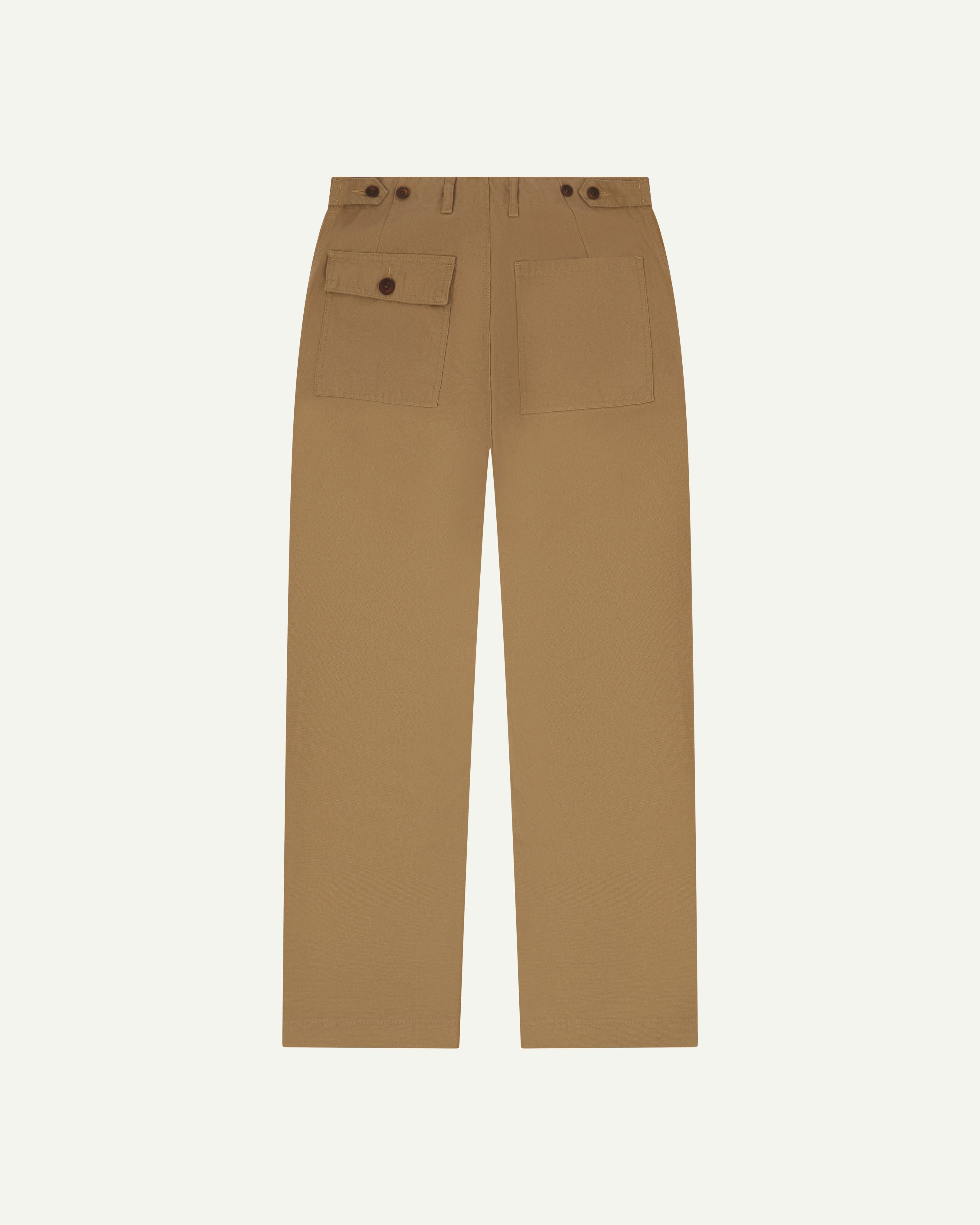 Back flat shot of Uskees men's organic cotton khaki casual trousers. on white background showing waist adjuster buttons