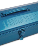 Close-up view of blue Toyo steel toolbox with focus on Uskees branding, camber-top and rounded handle.