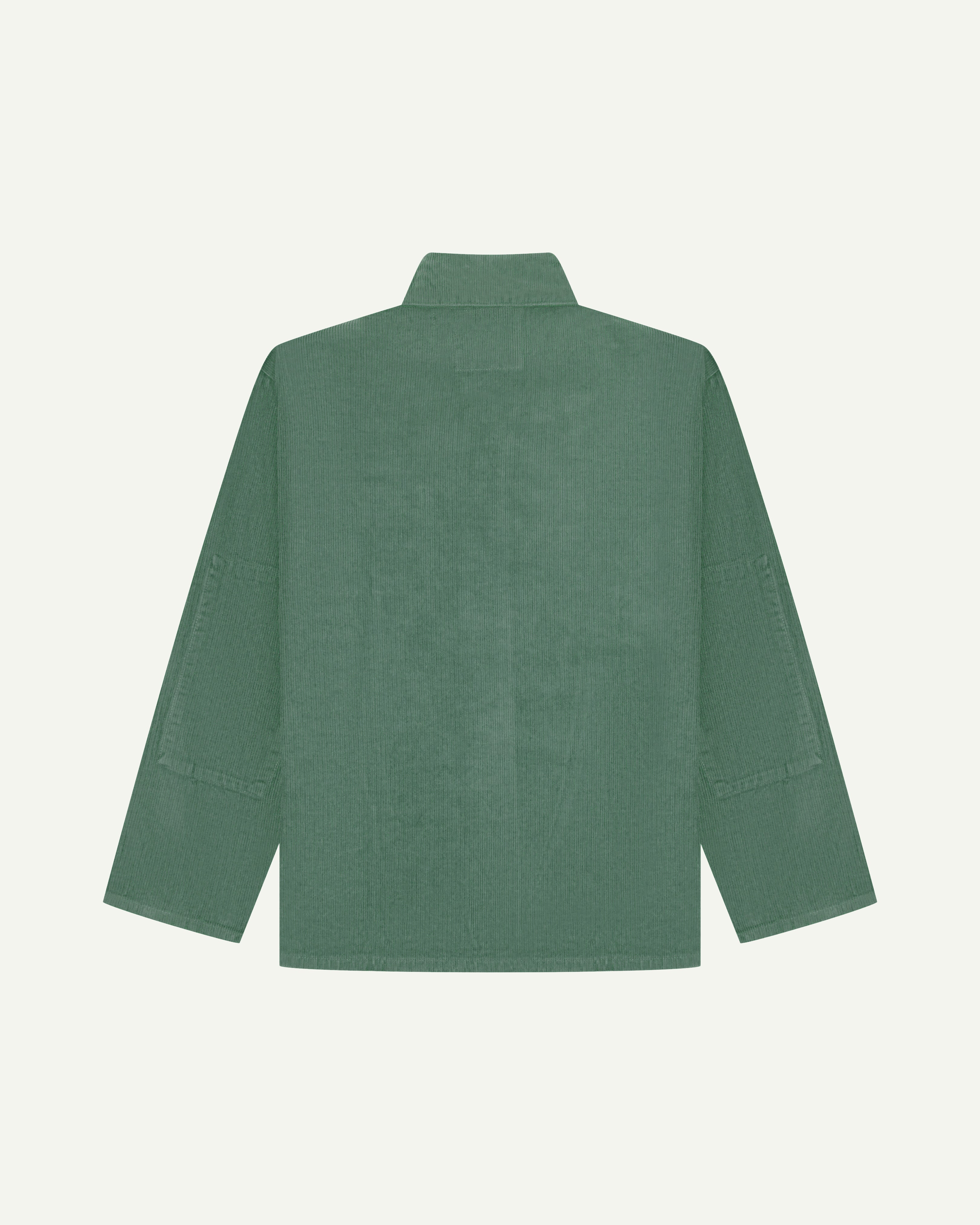 Back view of light green, buttoned corduroy overshirt for men from Uskees. 