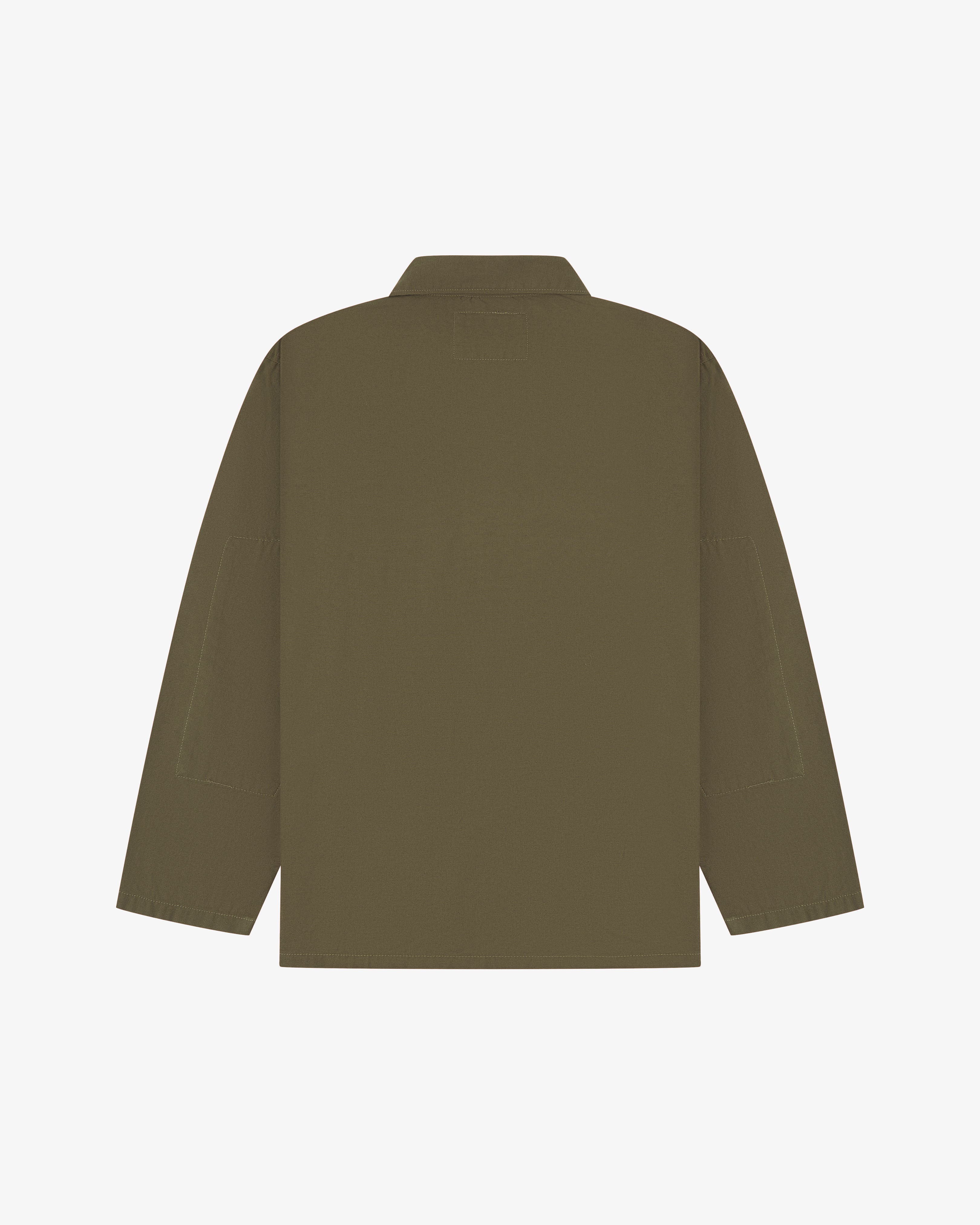 Back view of a Dark Green Uskees overshirt on a white background