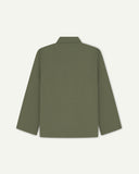 Back view of a green Uskees overshirt on a light gray background