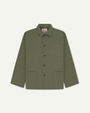 Front flat shot of an Uskees army green shirt jacket for men with brown Corozo buttons on a light gray background