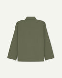 Back view of army green, buttoned organic cotton overshirt with view of reinforced elbow area and boxy silhouette.