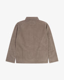 Reverse of beech (pale brown) buttoned organic cotton corduroy overshirt from Uskees. Showing reinforced elbows and boxy silhouette.