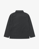 Back view of black, buttoned ripstop overshirt with view of reinforced elbow area and boxy silhouette.