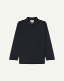 Front flat shot of dark blue (blueberry), buttoned drill overshirt. Clear view of corozo buttons, 3 pockets and Uskees branding label.