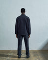 Full-length rear view of #3001, blueberry-coloured organic cotton-drill over shirt with reinforced elbows.