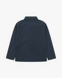 Back view of blueberry, buttoned ripstop overshirt with view of reinforced elbow area and boxy silhouette.