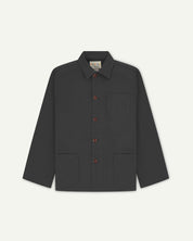 Flat shot of the front of a charcoal grey/black men's overshirt with buttons done up and showing uskees neck label