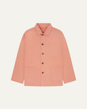 Front flat shot of pink-orange (coral), buttoned organic cotton overshirt. 