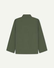 Back view of a coriander green men's long sleeved overshirt by uskees presented as a flat shot