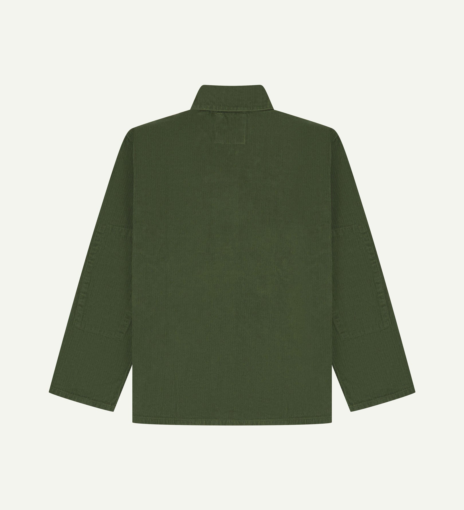 Back view of coriander-green, buttoned corduroy overshirt with view of reinforced elbow area and boxy silhouette.