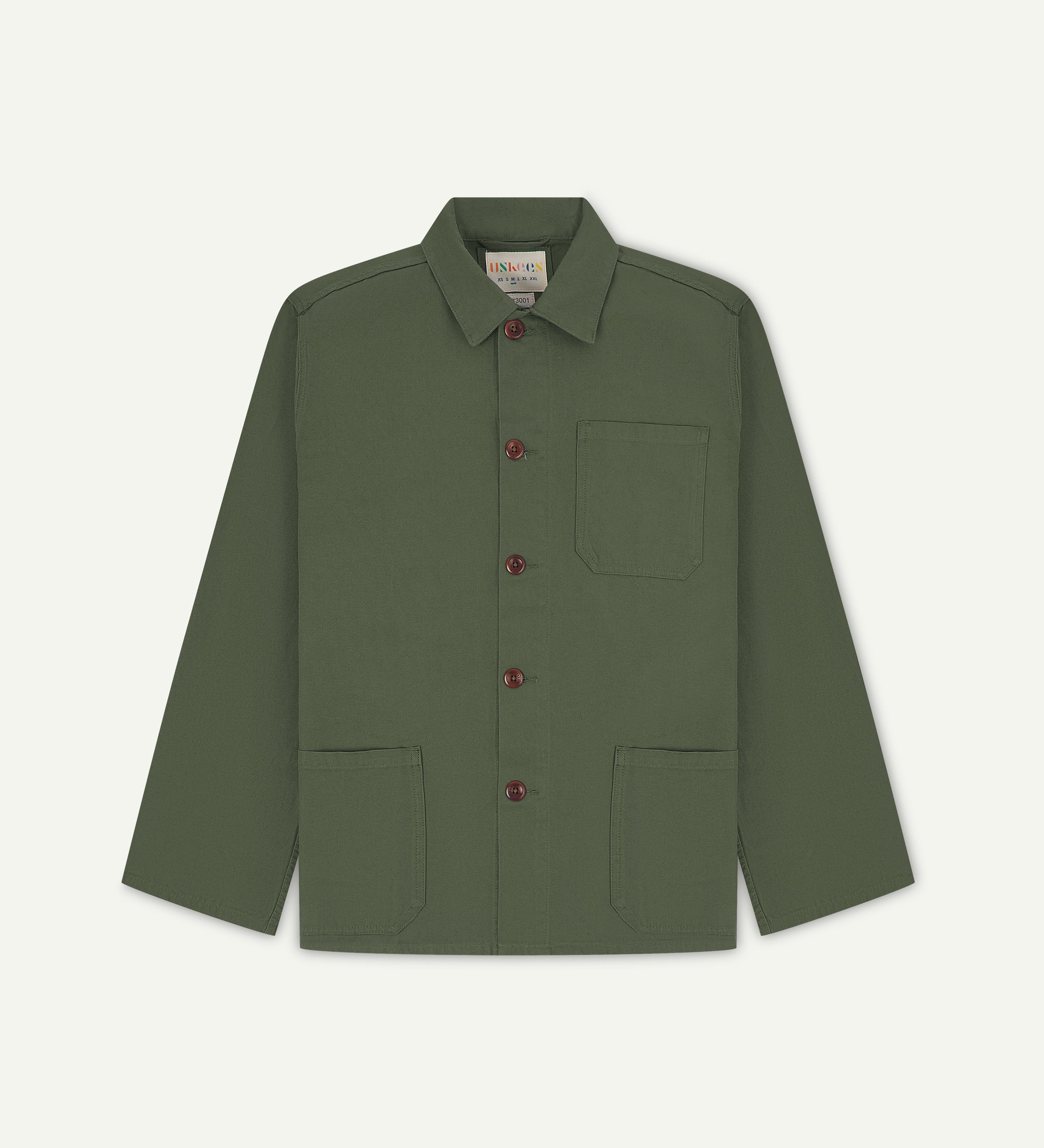 Front flat shot of coriander green men's overshirt with buttons done up and showing uskees neck label