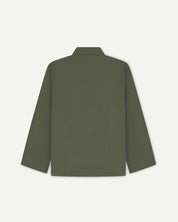 Back view of coriander-green, buttoned organic cotton overshirt with view of reinforced elbow area and boxy silhouette.