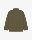 Back view of dark taupe, buttoned organic cotton overshirt with view of reinforced elbow area and boxy silhouette.