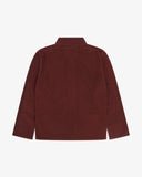 Reverse of deep wine berry buttoned organic cotton corduroy overshirt from Uskees. Showing reinforced elbows and boxy silhouette.
