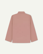 Back view of dusty pink, buttoned organic cotton overshirt with view of reinforced elbow area and boxy silhouette.