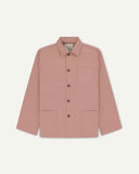 Front flat shot of dusty pink, buttoned organic cotton overshirt. Clear view of chest and hip pockets, corozo buttons and Uskees branding label.